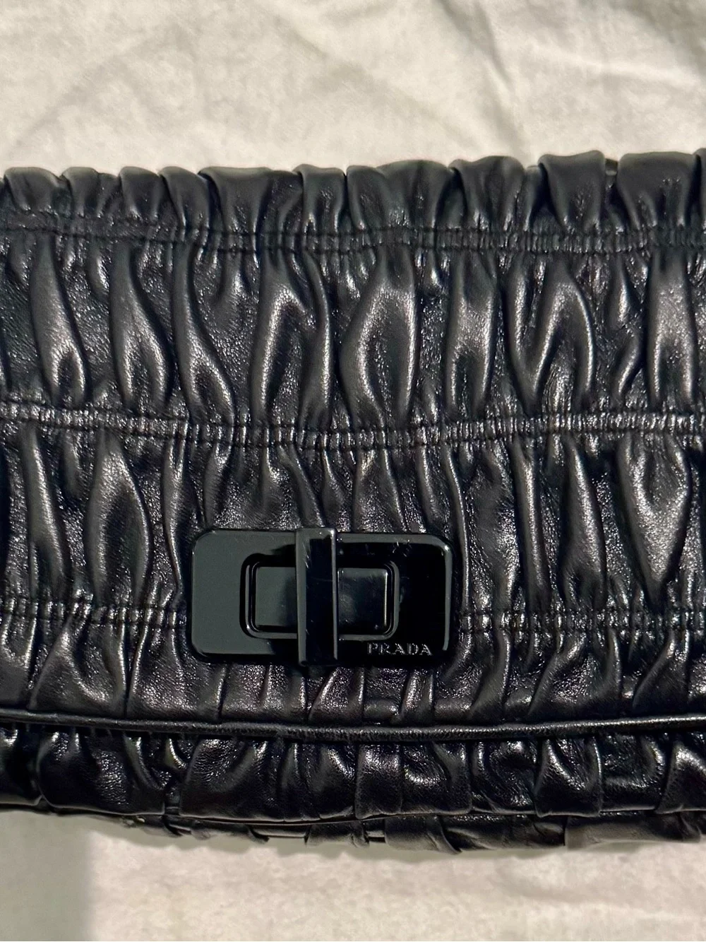 Prada Black Ruched Leather Clutch with Gold Triangle Plaque